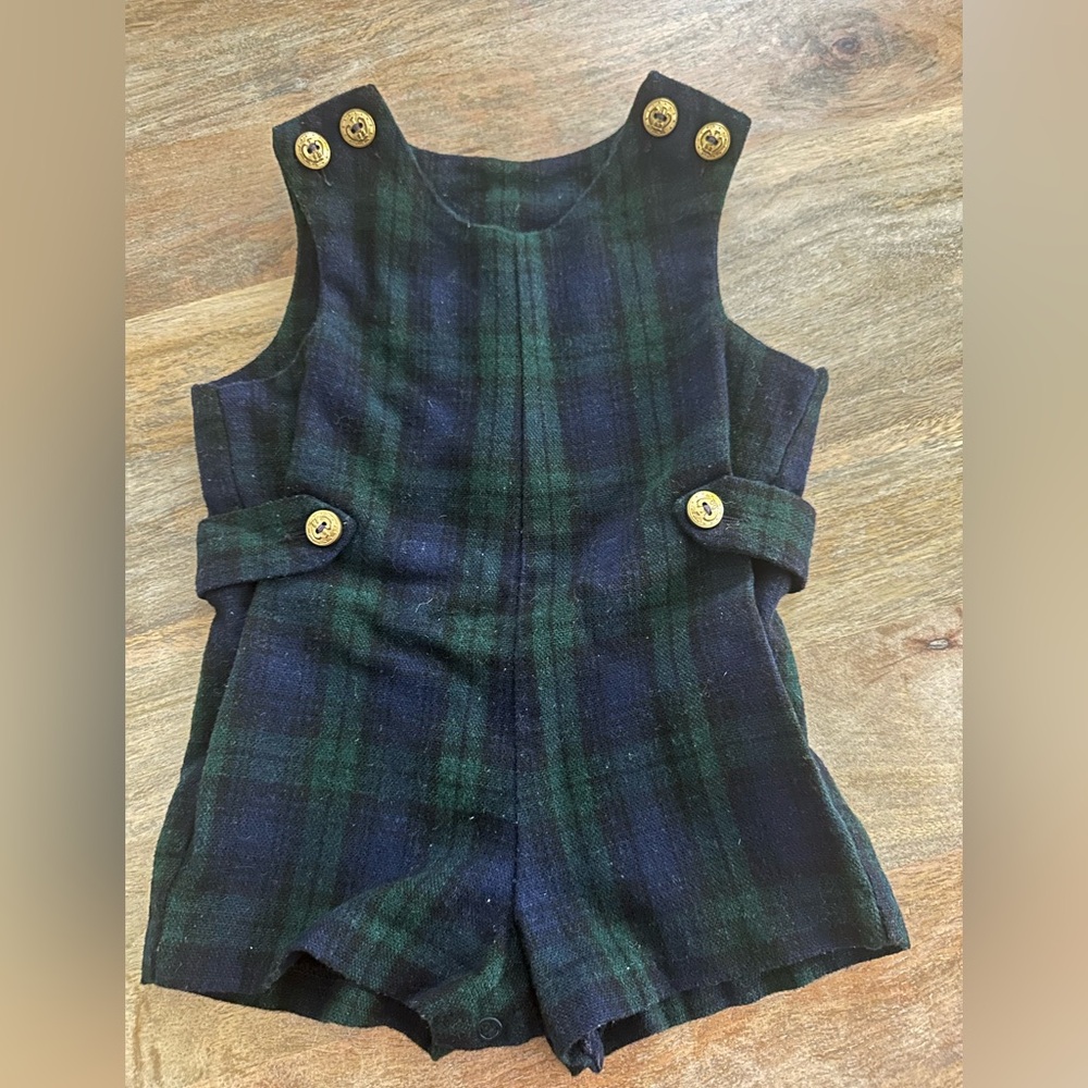 Vintage Wool Plaid Green and Blue Baby Romper with Gold Buttons